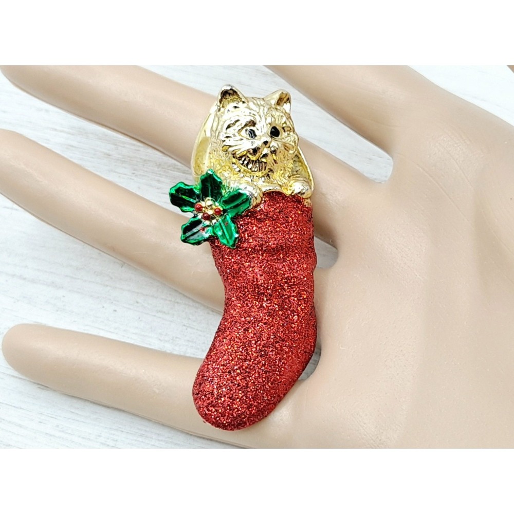 Christmas Stocking Brooch Golden Cat & Holly Pendant Signed
